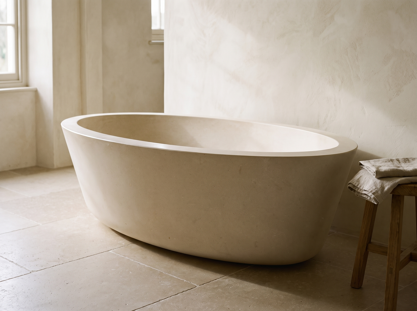 Laguna natural stone solid bathtub in a bathroom setting