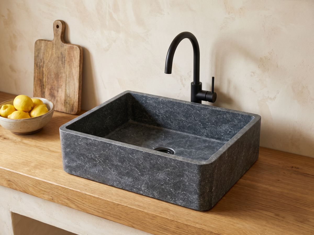 Trapani natural stone kitchen sink in a bathroom setting
