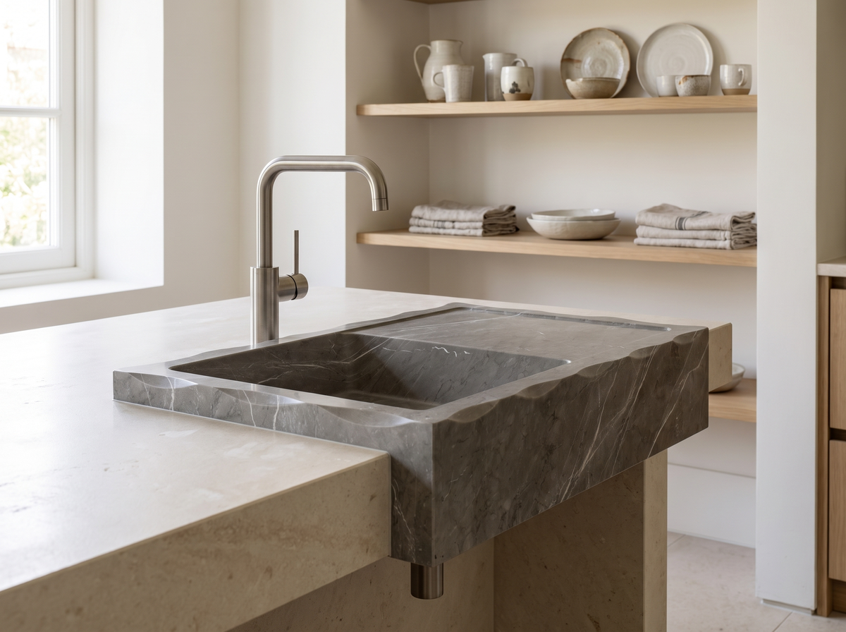 Umbria natural stone kitchen sink in a bathroom setting