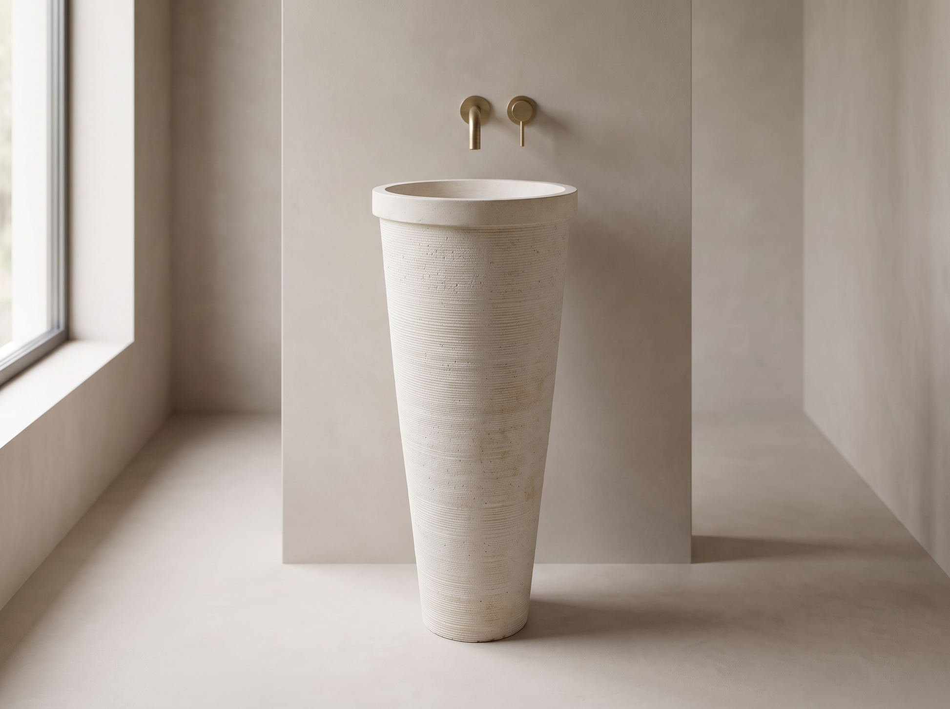 Doria natural stone freestanding pedestal basin in a bathroom setting