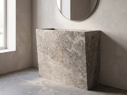 Ferrara natural stone freestanding pedestal basin in a bathroom setting