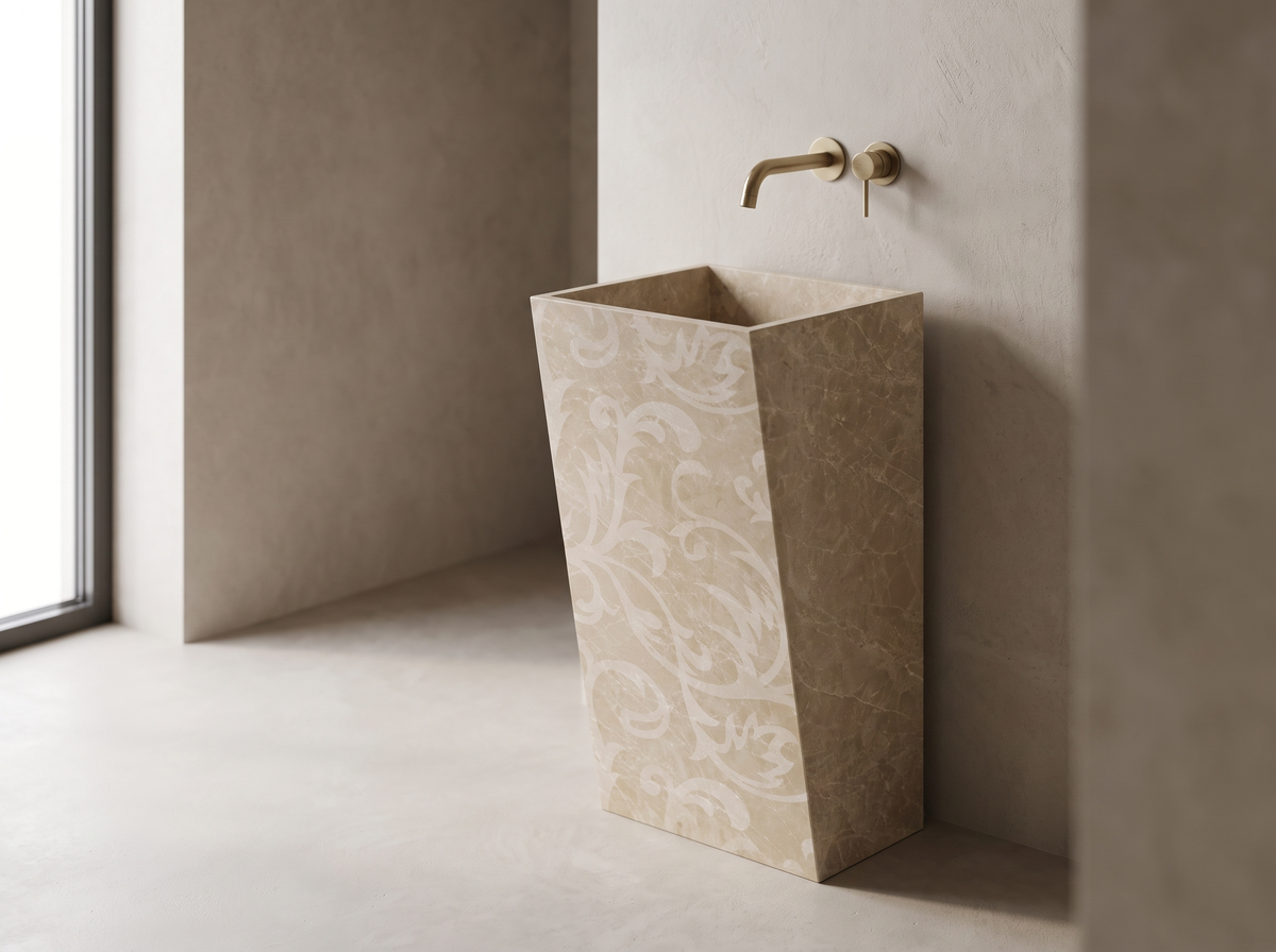 Prisma natural stone freestanding pedestal basin in a bathroom setting