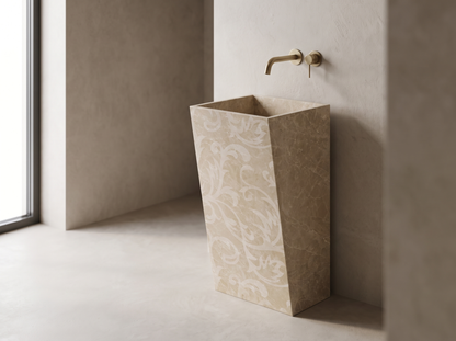 Prisma natural stone freestanding pedestal basin in a bathroom setting