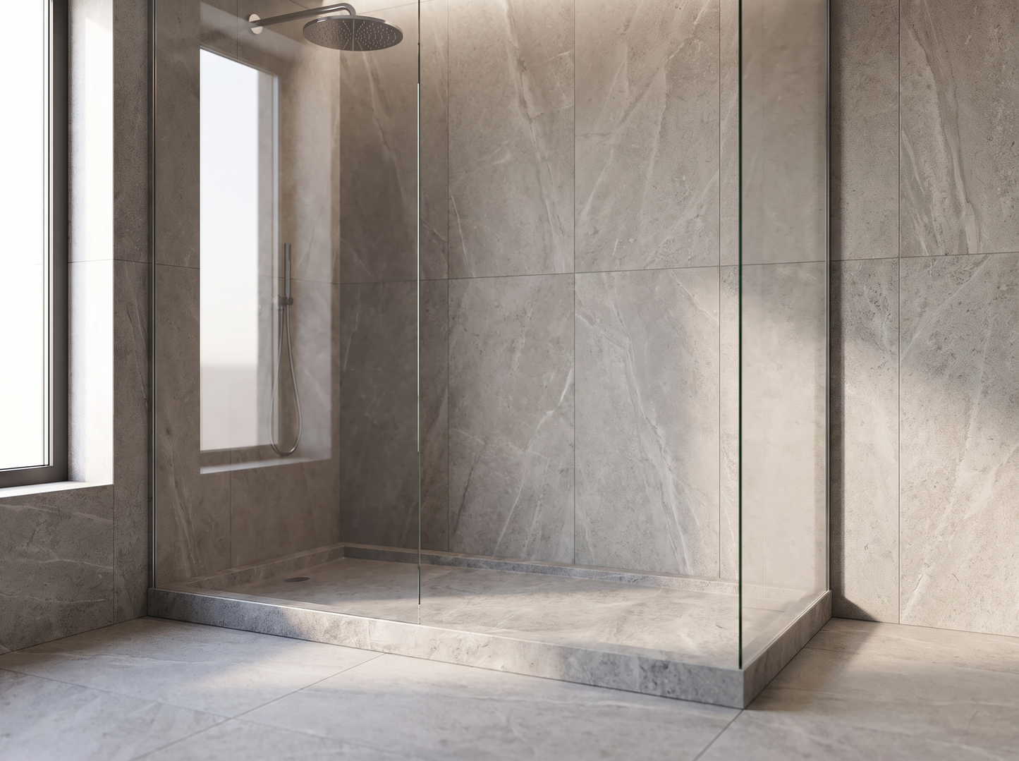 Corsia natural stone solid shower tray in a bathroom setting