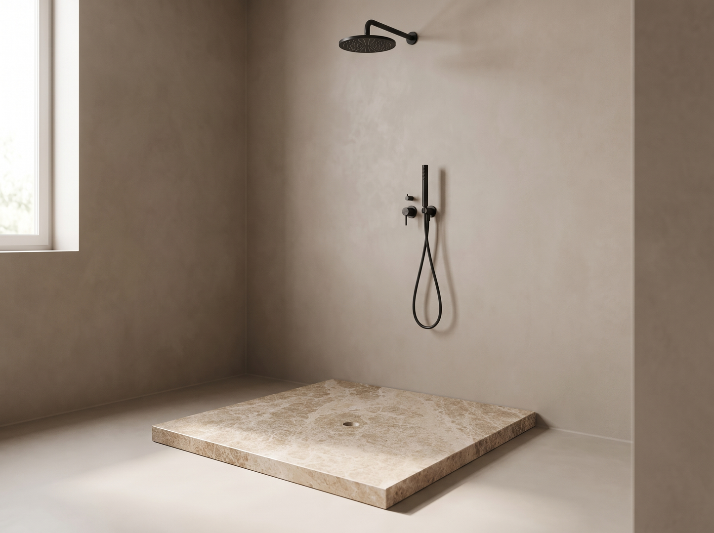 Salina natural stone solid shower tray in a bathroom setting