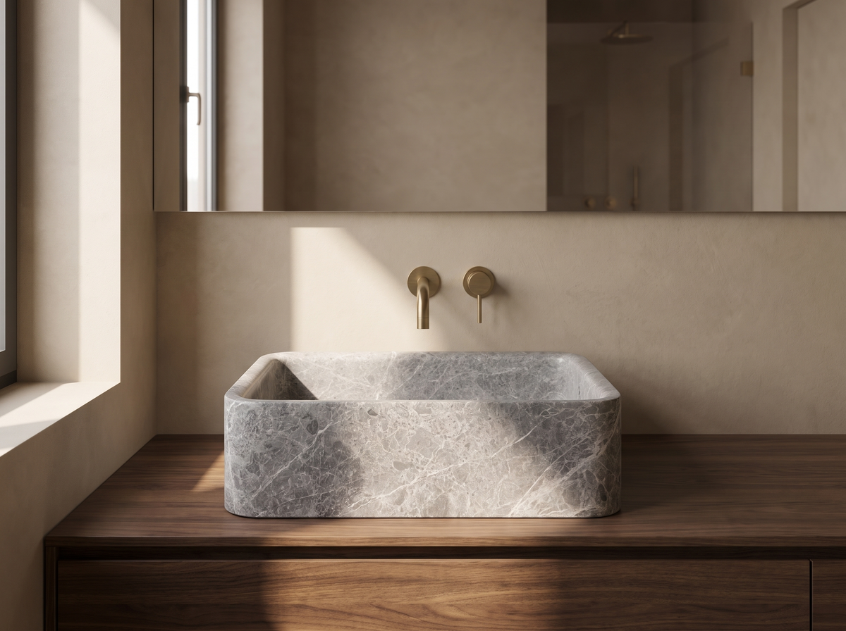 Bergamo natural stone washbasin in a bathroom setting