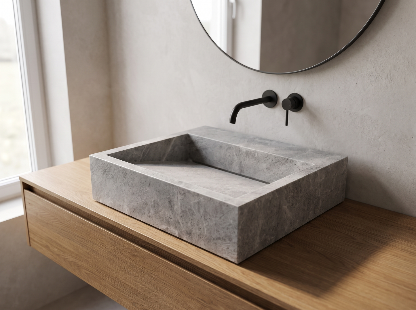 Burano natural stone washbasin in a bathroom setting