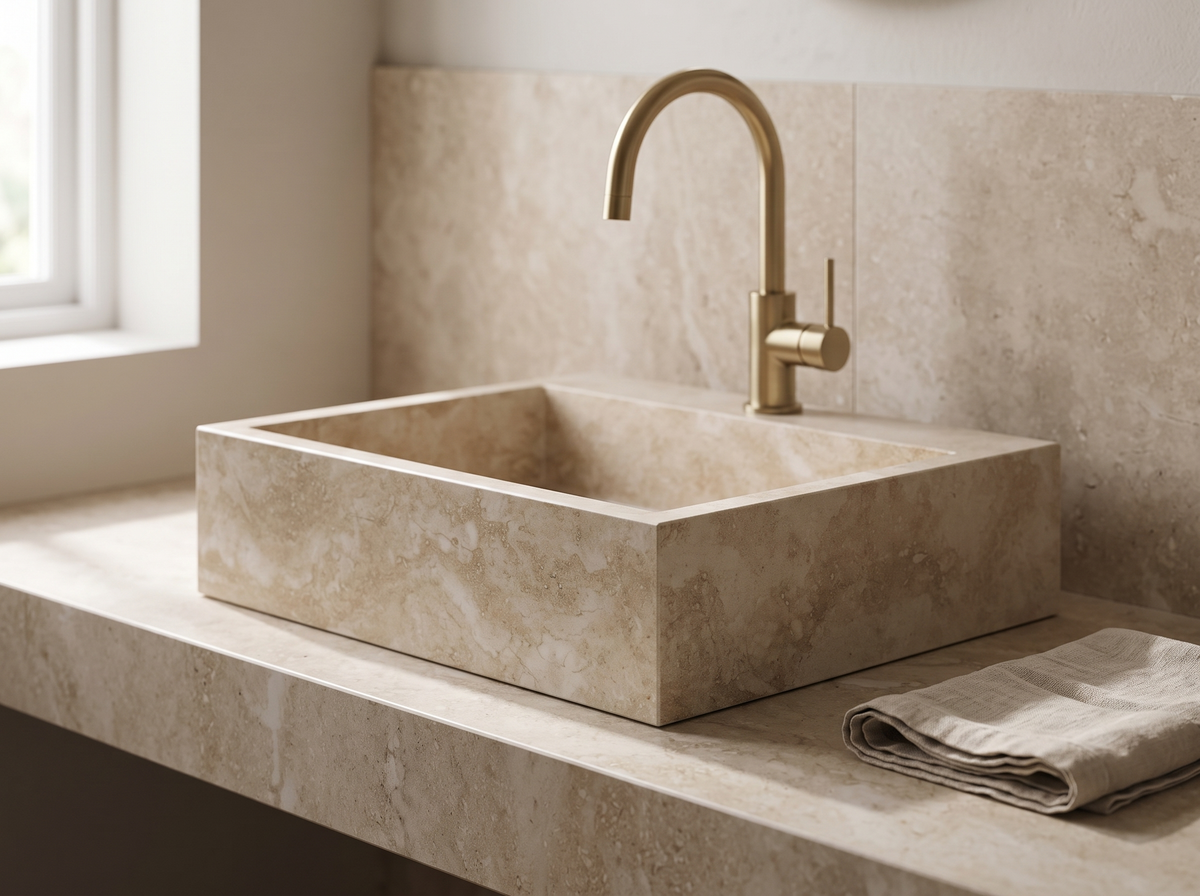 Cefalu natural stone washbasin in a bathroom setting