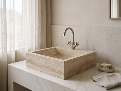 Cubo natural stone washbasin in a bathroom setting