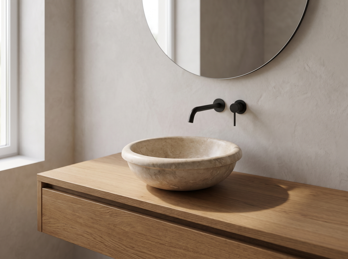 Lucca natural stone washbasin in a bathroom setting