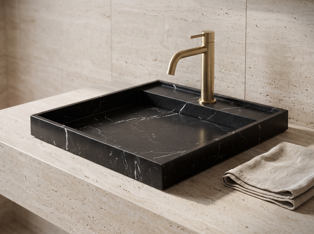 Monza natural stone washbasin in a bathroom setting