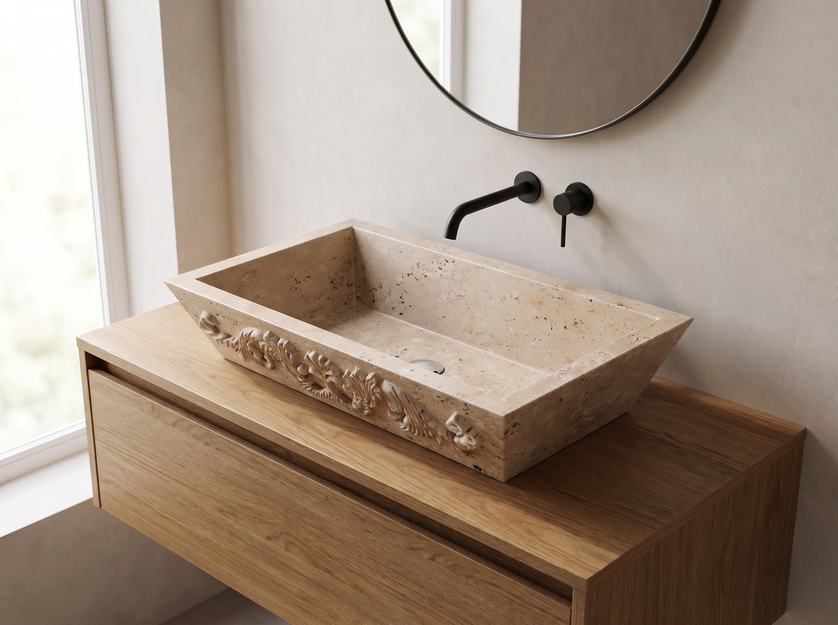 Pisa natural stone washbasin in a bathroom setting