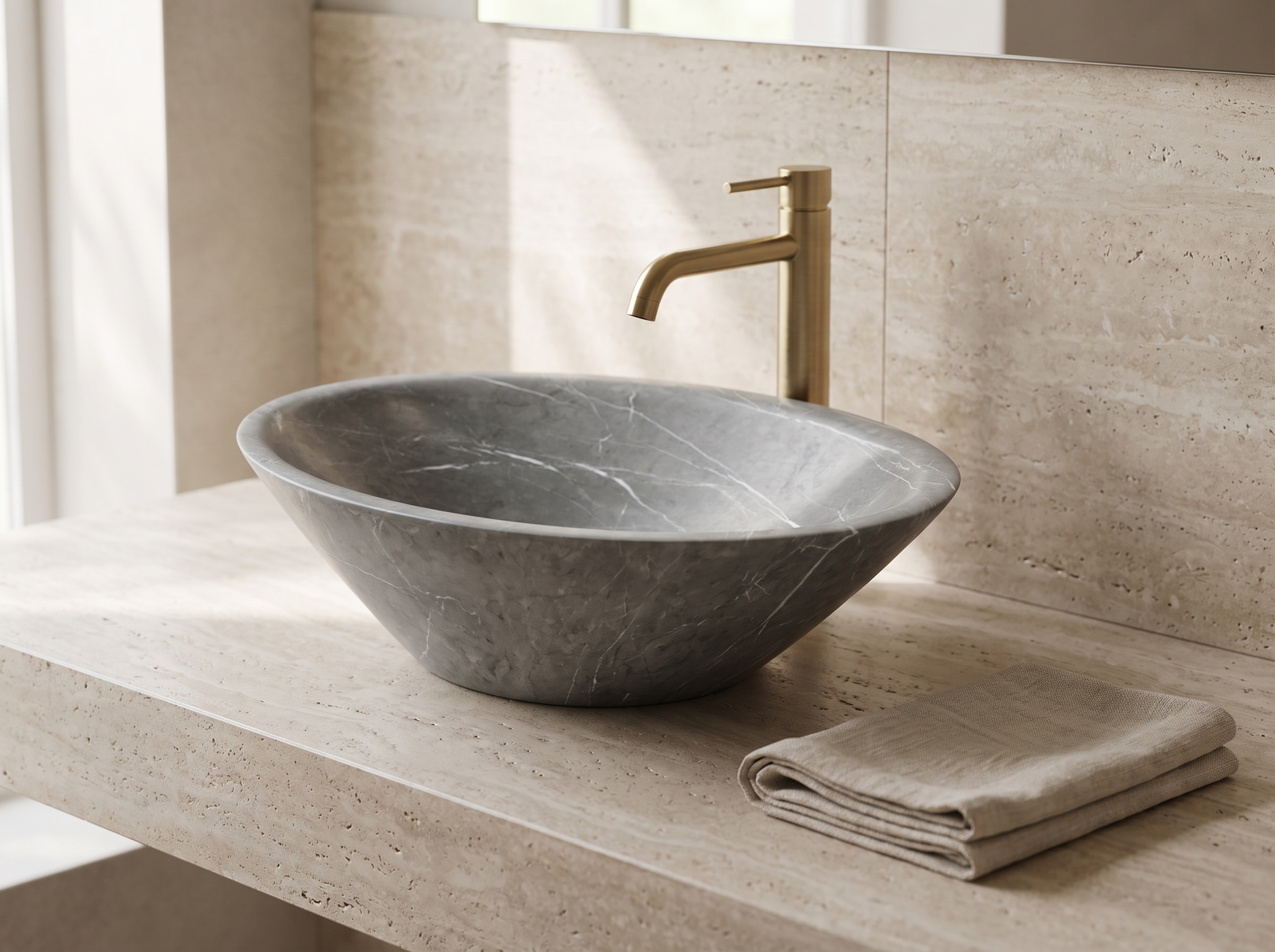 Trevi natural stone washbasin in a bathroom setting