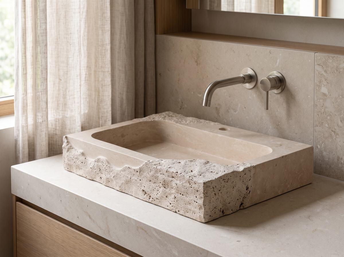Varenna natural stone washbasin in a bathroom setting