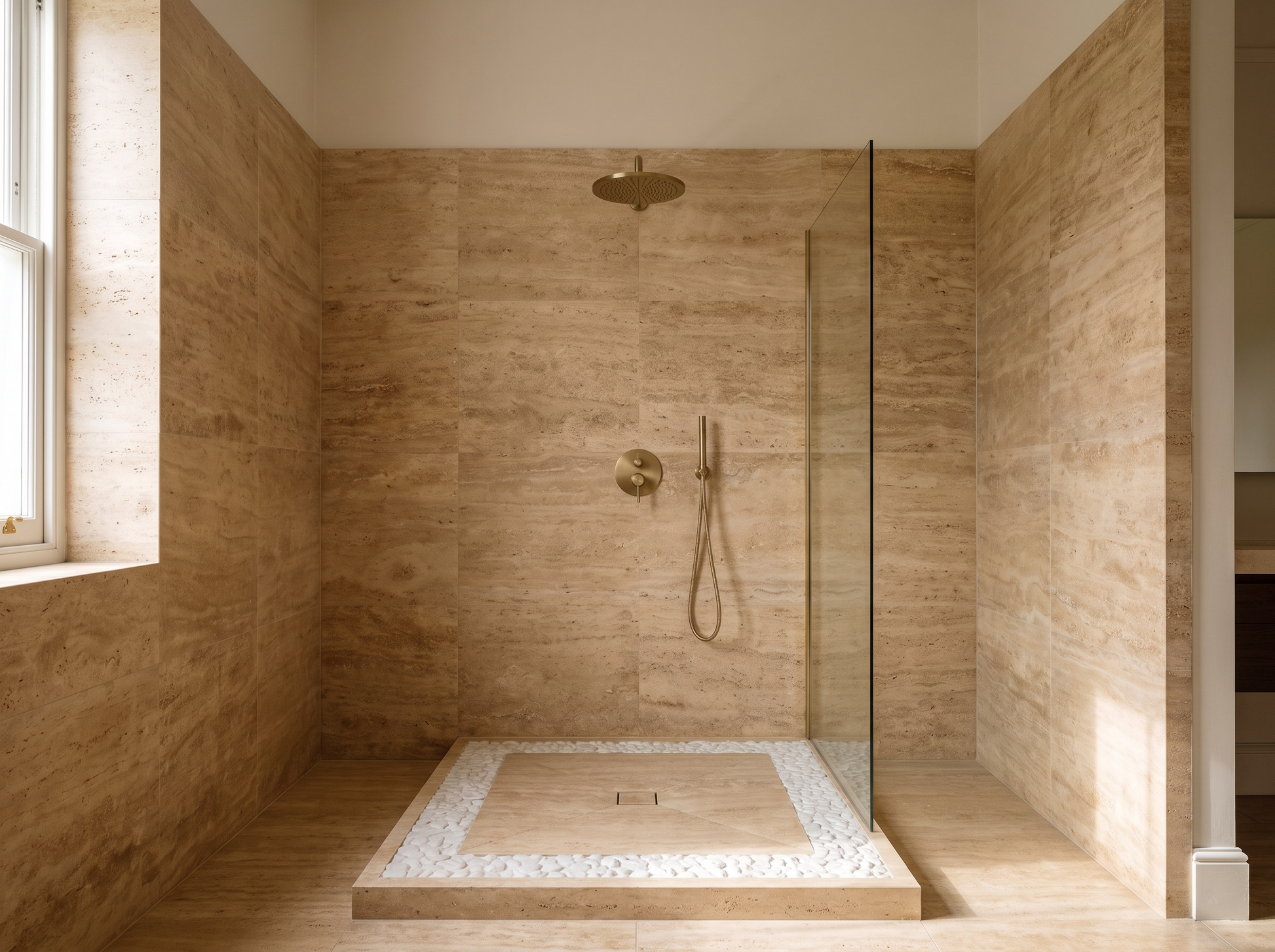 Levanto travertine shower tray in a walk-in shower