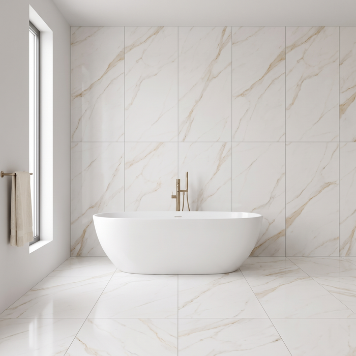 Autumn porcelain tile in an interior setting — wall and floor laid in the same tile module